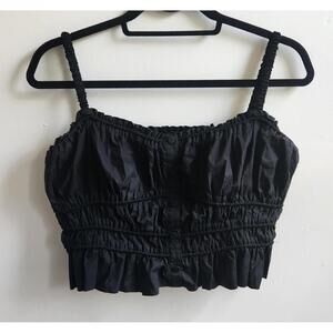 J Crew Crop Top Womens Small Black Ruffle Ruched Sleeveless Cotton Button Tank